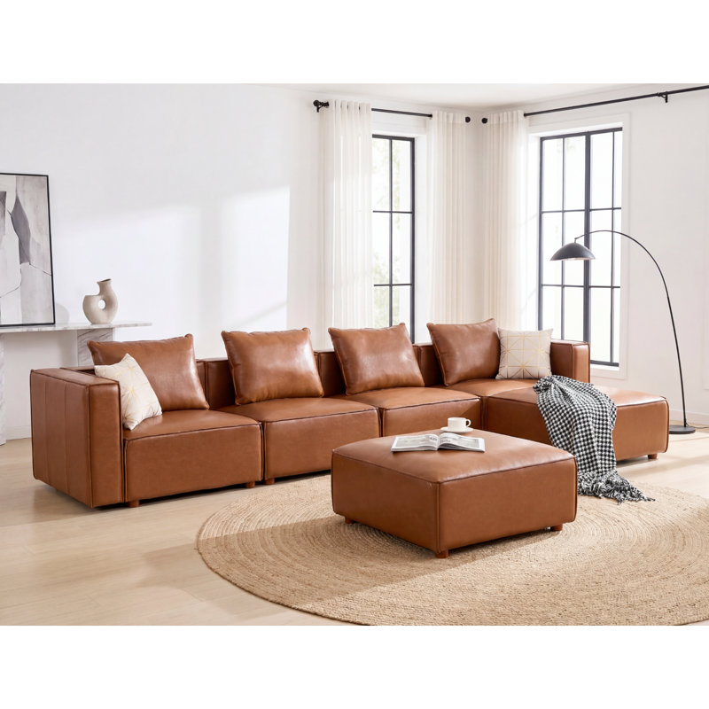 6-Piece 152.76” Leather Upholstered Sectional Sofa, Brown