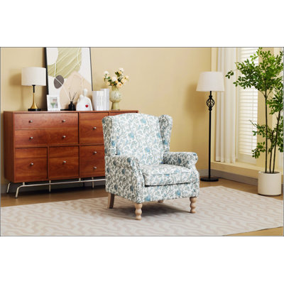 Modern Accent Chair with Retro Wood Legs, Comfy Upholstered Armchair, Floral Design Single Sofa for Living Room and Bedroom