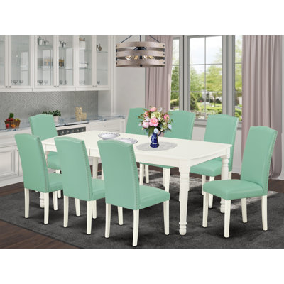 Ensemble de table de salle à manger 9 pièces moderne comprenant une table rectangulaire en bois avec feuille papillon et 8 chaises de salle à manger Parsons en similicuir, blanc lin