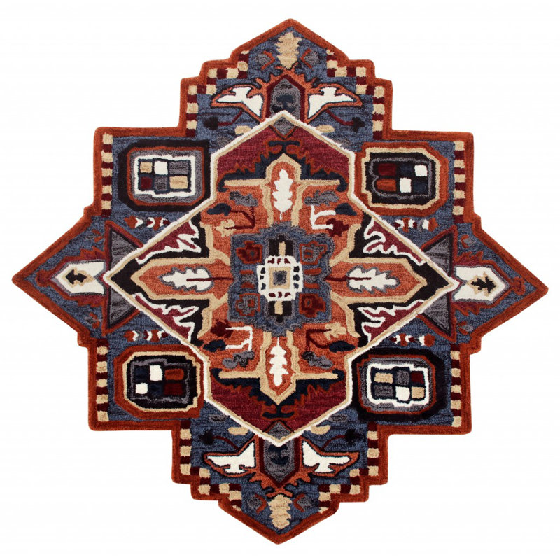 Tapis bleu / rouge / orange en laine / coton touffeté à la main Acoidan, Nouveauté 5 pi x 5 pi