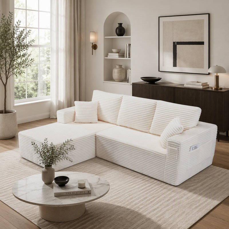 Canapé modulaire 100,39 pouces avec méridienne en L et siège profond, Left Hand Facing, Beige Fabric