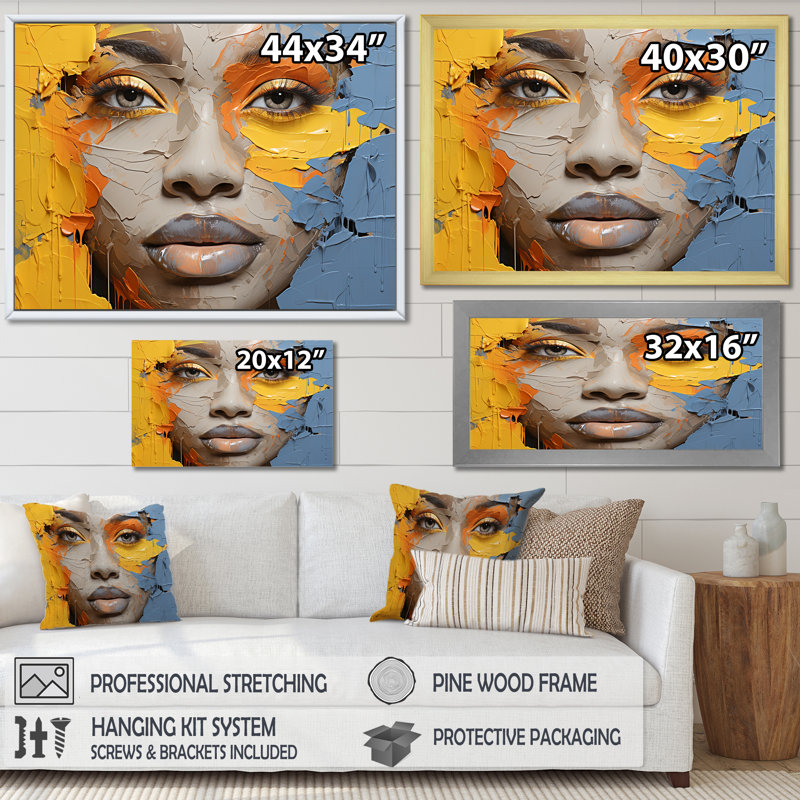 Jaune et bleu, peinture, collage, art afro-américain, art mural grand, H 12 po x l 20 po x P 1 po, Cadre flottant doré