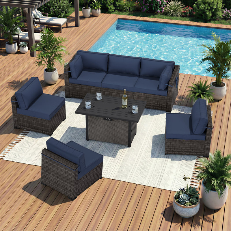 6-Person All-Weather Modular Rattan Lounge with Fire Pit Table & Luxe Cushions, Blue, Brown/Gray