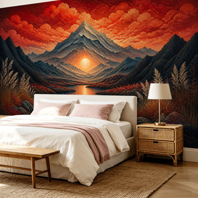 Grand mur mural Peel & Stick pour la famille et les locataires Paysage de montagne Fiery Sunset Serene Lake Majestic