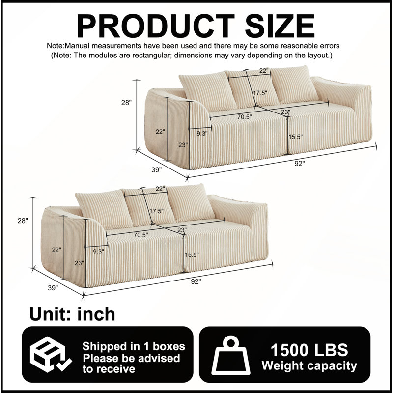 Ensemble de canapé Minimalist 3 + 3 places en velours côtelé avec lignes courbes et dossier légèrement incliné, livré avec 6 coussins décoratifs en forme de corne