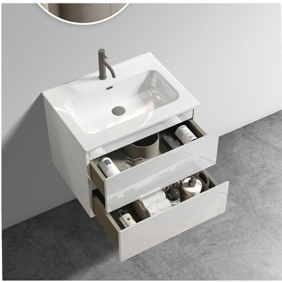 Coiffeuse murale peu encombrante avec lavabo en céramique et robinet monotrou, grande coiffeuse flottante avec rangement, pré-assemblée