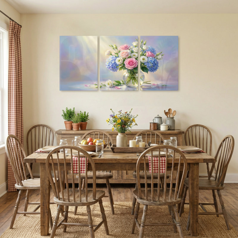 Plantes et fleurs, bouquet de fleurs dans un vase avec ensemble de 3 impressions murales sur toile, H 24 po x l 48 po