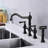 Bridge Style Kitchen Faucet With Dual Handles In Matte Black And Pull-Out Side Spray, 360 Turning High Overflow, Rust, , Leak-, Brass Manufactured Two Degree Rotating Cleaning Rust-, , Leak-,