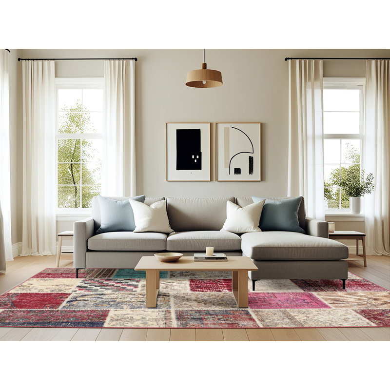 Tapis patchwork gris / beige / rouge, Rectangle 6 pi x 9 pi