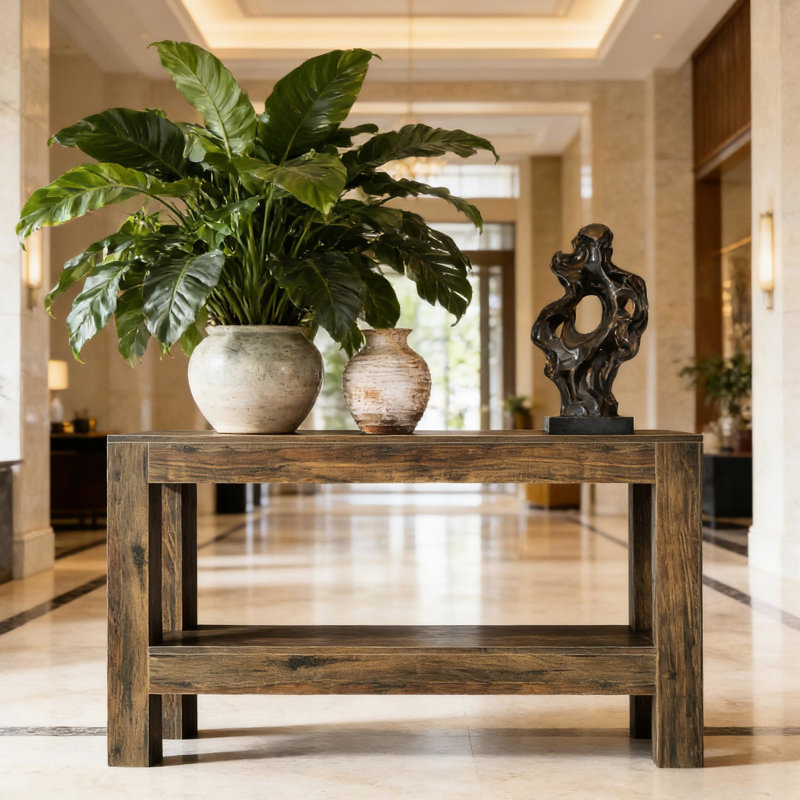 Console d'entrée à 2 niveaux, idéale pour un canapé, tons de bois naturels, solution optimisant l'espace, structure robuste, montage facile, 160 cm de long, tablette design, brun riche
