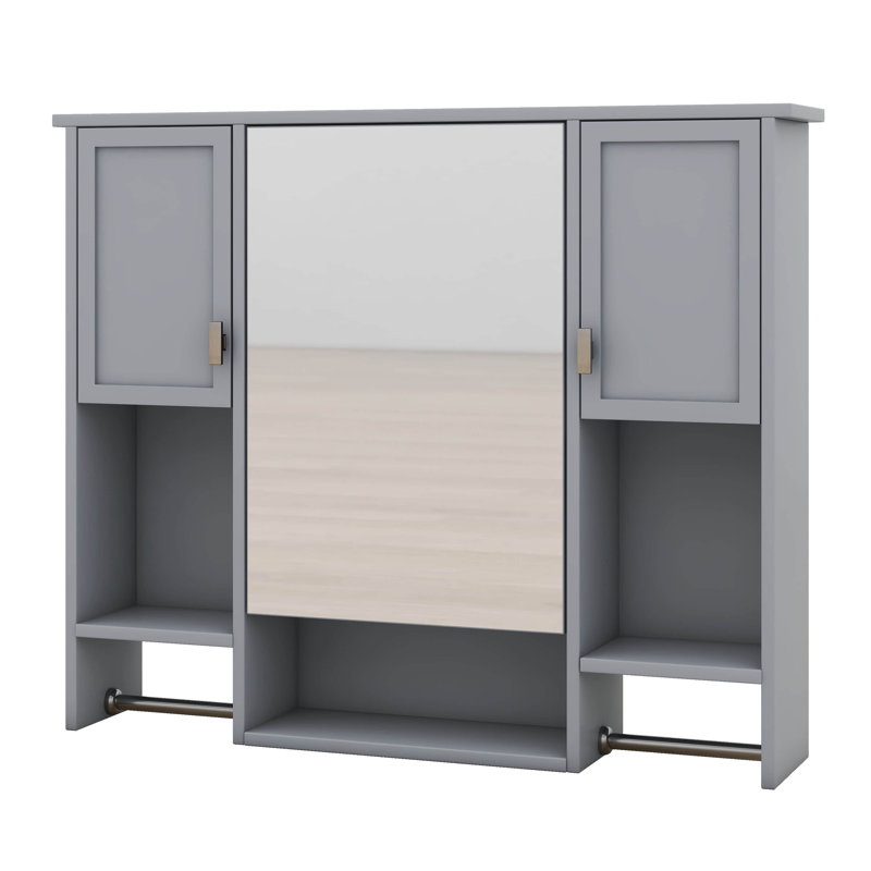 Armoire de salle de bain avec miroir, armoire à pharmacie murale avec tablettes ouvertes, armoire à pharmacie avec 2 barres à serviettes