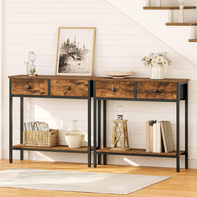29.5" Narrow Console Table With 2 Fabric Drawers Small Entryway Table With 2-Tier Storage Shelves Thin Sofa Table Side Table Rustic Brown And Black