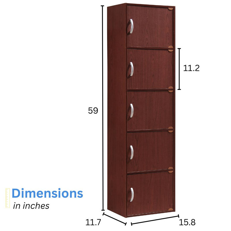 5-Doors, 5-Shelf Bookcase 59 in. Tall Enclosed Storage 5-Tier Bookshelf for Home or Office, Mahogany