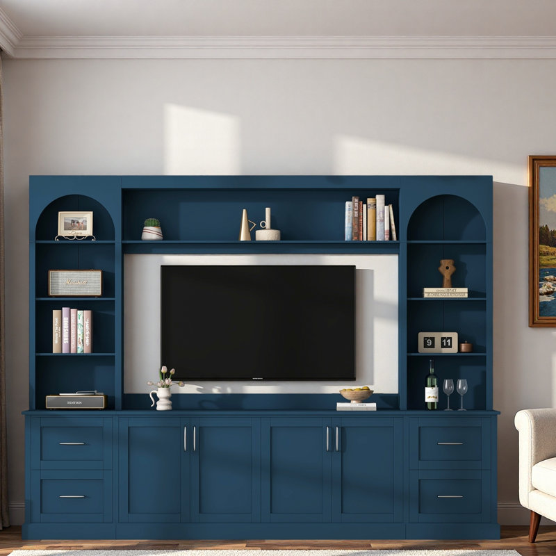 Meuble audio-vidéo arqué moderne avec tiroirs, grandes armoires, tablettes réglables, présentoir et trous pour câbles, Blue