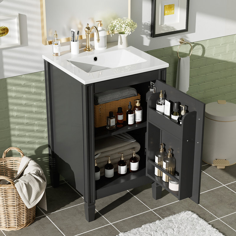 Meuble-lavabo compact avec lavabo en céramique et fabrication en bois massif pour petits espaces, Noir