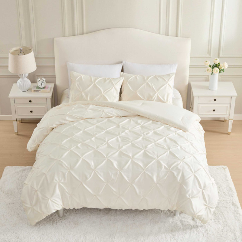 Ensemble d'édredon réversible en satin uni Pintuck Laura Ashley, Édredon pour très grand lit + 2 taies décorativ, Beige