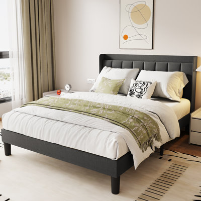Linen fabric soft bed frame with USB charging port