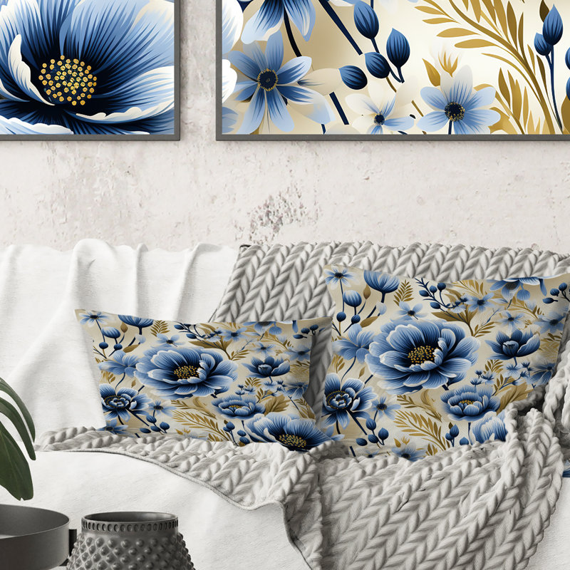 Motif floral rétro bleu et beige I - coussin à imprimé floral
