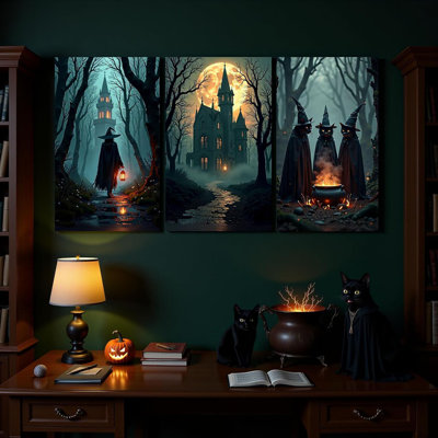 3 pièces d'art mural gothique, impression de toile de sorcière sombre dans la forêt effrayante, affiche de château noir et de chats pour décoration de chambre de sorcière, décoration murale de chat sorcière pour le salon, chambre à coucher, encadré