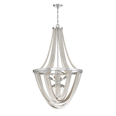 Lustre 8 lumières Everts en chrome poli avec perles en bois