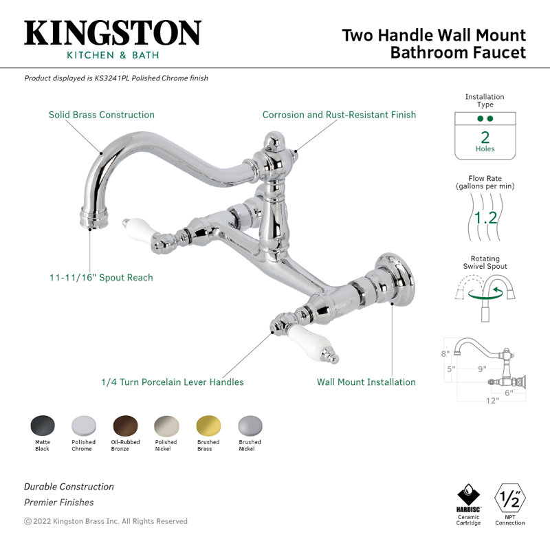 Robinet de salle de bain mural 2 trous Kingston, Noir mat / blanc