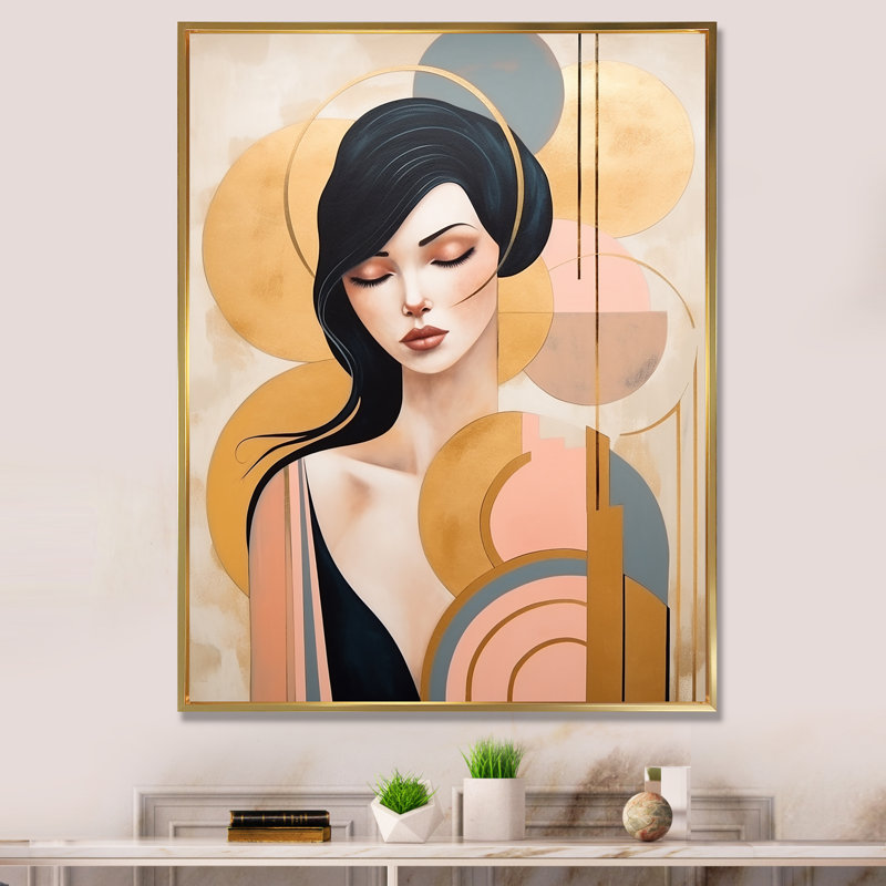 «Art Nouveau Elegant Woman», impression graphique, Cadre flottant doré, H 32 po x l 16 po x P 1 po