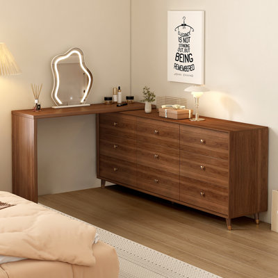 Makeup Vanity Desk with Mirror and Lights, 70-110 inch Extendable Mid Century Walnut Makeup Dresser Combo with 63 Inch 9 Drawer Dresser and L Shaped Vanity Desk, Without Stool, Brown