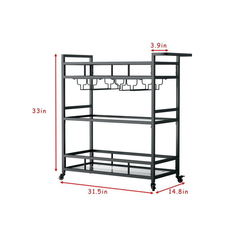 Black Metal 3-Tier Bar Cart with Glass Shelves and Wine Rack