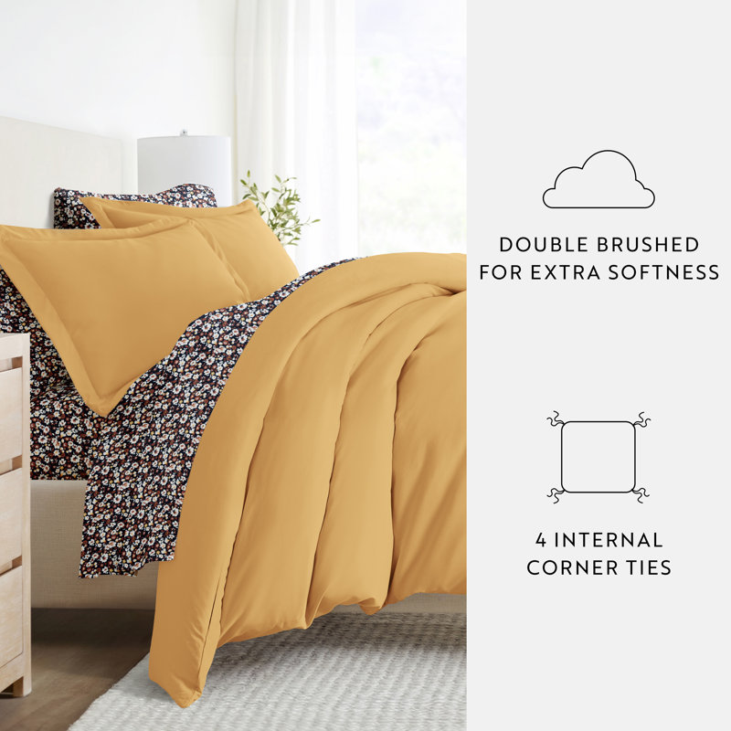 8-Piece Bedding Bundle - Solid Duvet Cover, Comforter Insert, and Patterned Sheet Set, Gold Floral, King Bedding Bundle