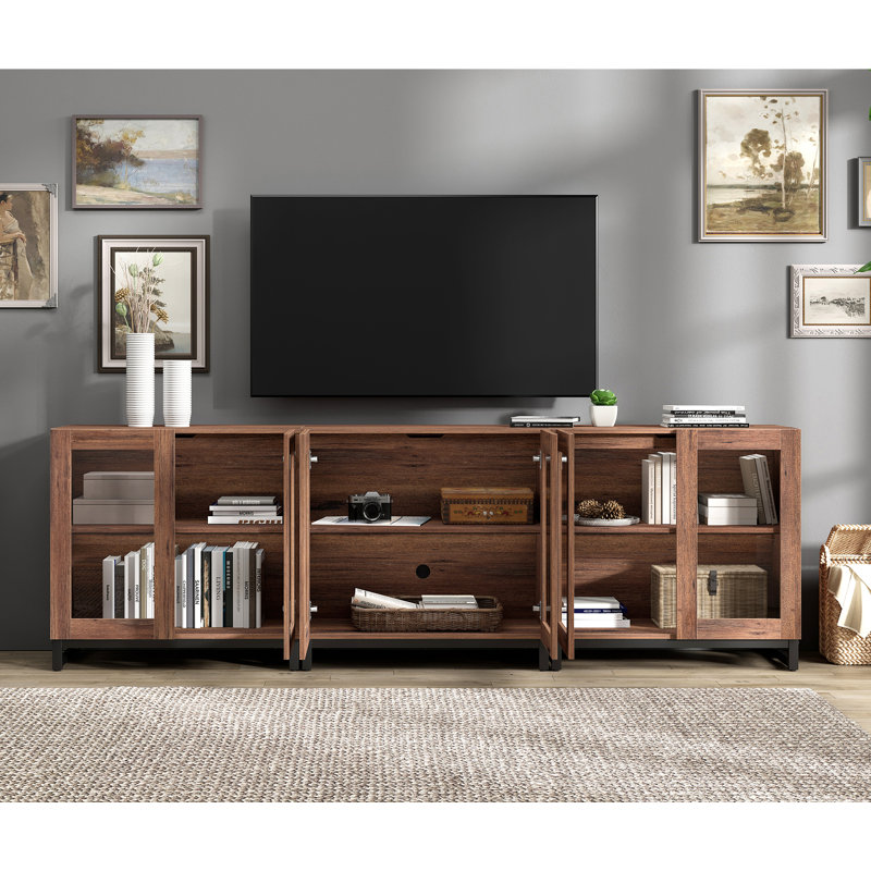 Modern TV Stand With Glass Doors For 110 Inch Tvs, 3 In 1 Entertainment Center Console With Adjustable Shelves And Metal Base For Living Room, Bedroom