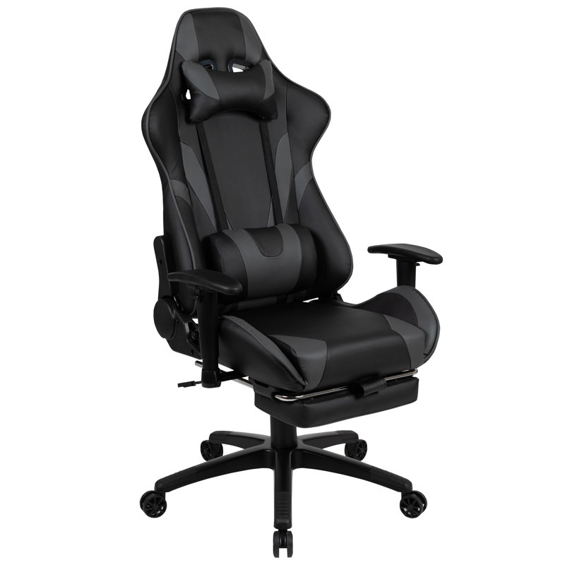 Ergonomic LeatherSoft Computer Gaming Chair with Fully Reclining Back and Slide-Out Footrest, Gray