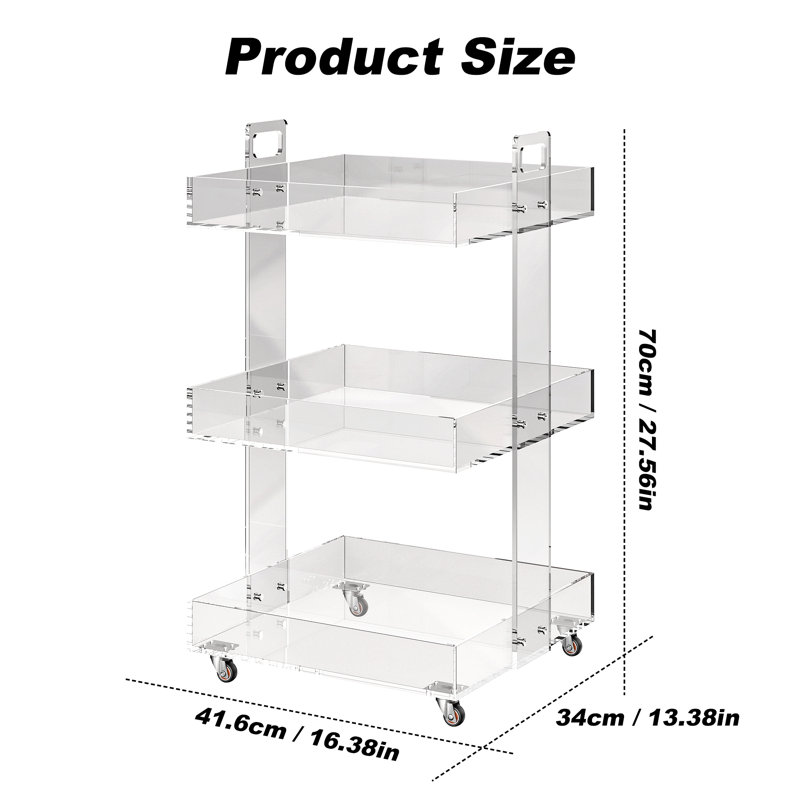 3 Tiers Acrylic End Table Side Table Storage Cart with Wheels for for Bedroom Living Room, 27" H x 16" W x 13" D