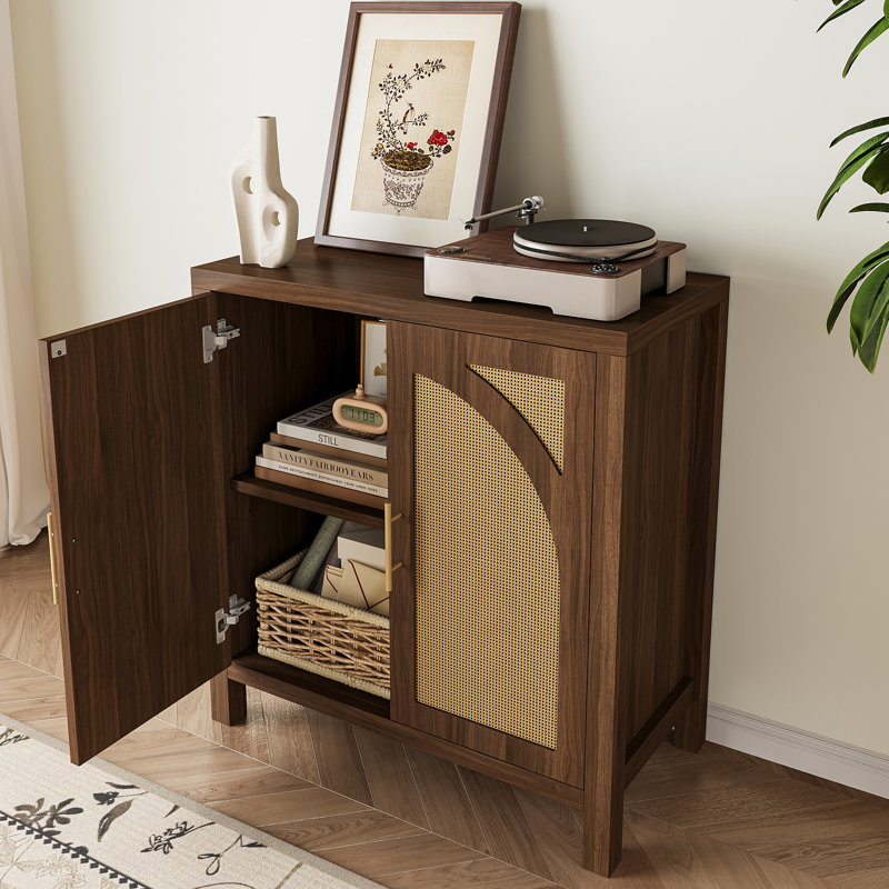 31.5" L Boho Rattan Sideboard Buffet Cabinet With Large Storage, Home Kitchen 2-Door Credenza Coffee Bar Cabinets With Adjustable Shelves