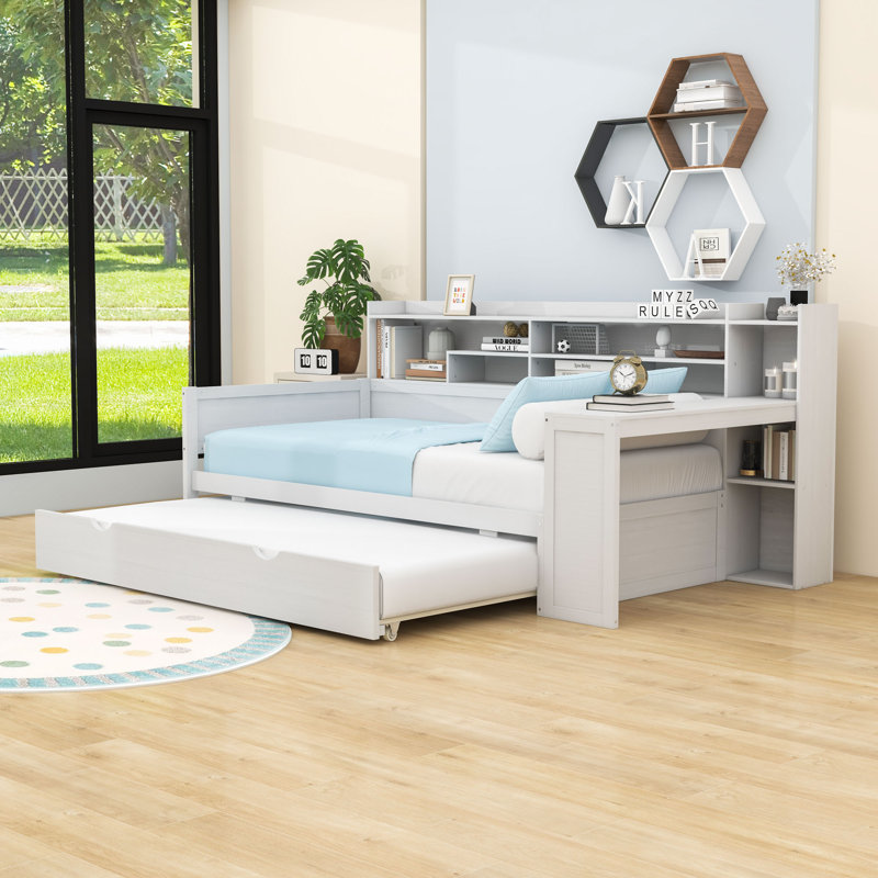 Daybed with Twin Trundle, Shelves, Desk and Slats, Twin, Antique White