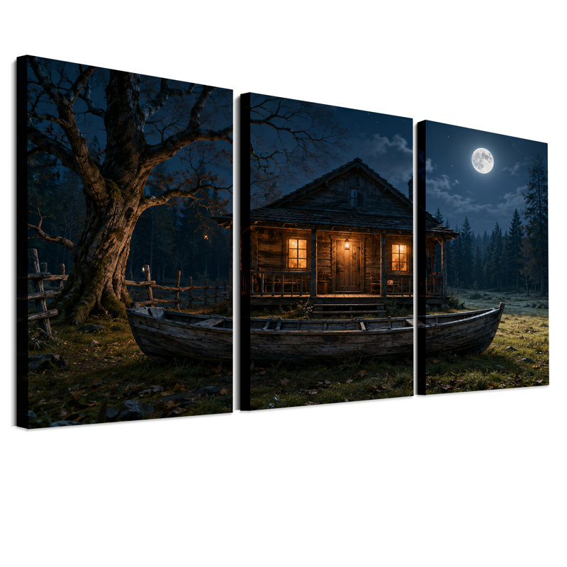 Ensemble de 3 toiles murales représentant une cabane rustique en bois sous la pleine lune, avec une décoration d'Halloween.