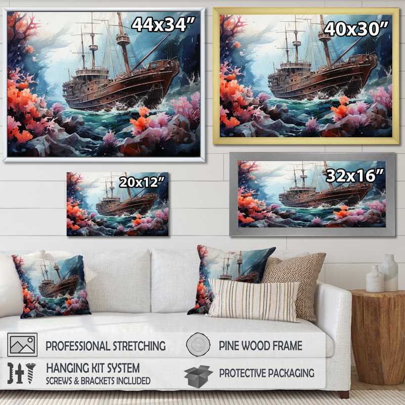«Pirate Boat Under Water Memory II» - Décoration murale plage et océan, Cadre simple blanc, H 16 po x l 32 po x P 1 po