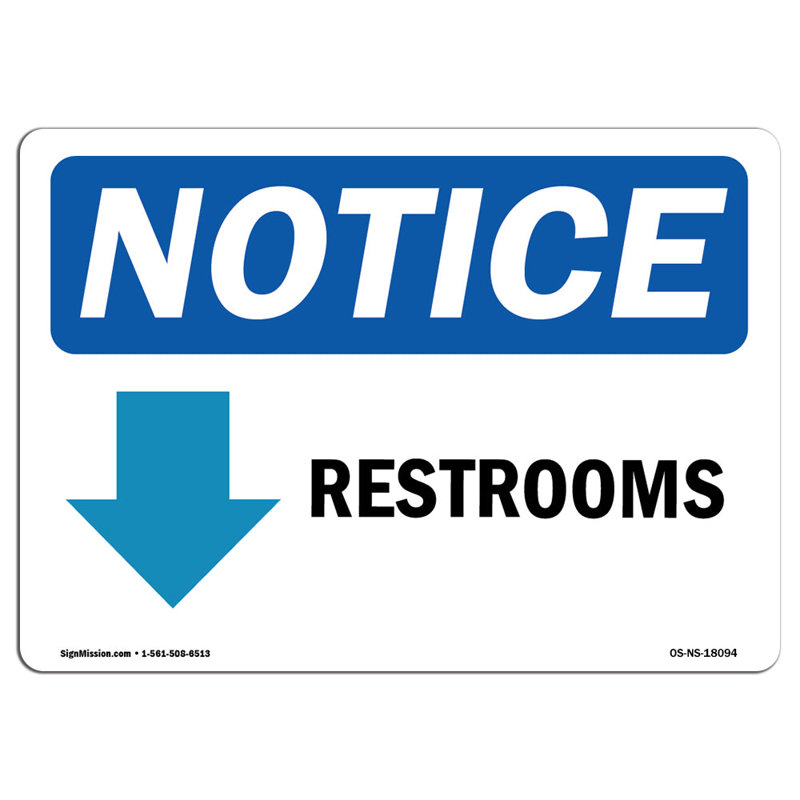 Restroom Down Arrow Sign, 18" H x 24" W x 0.1" D