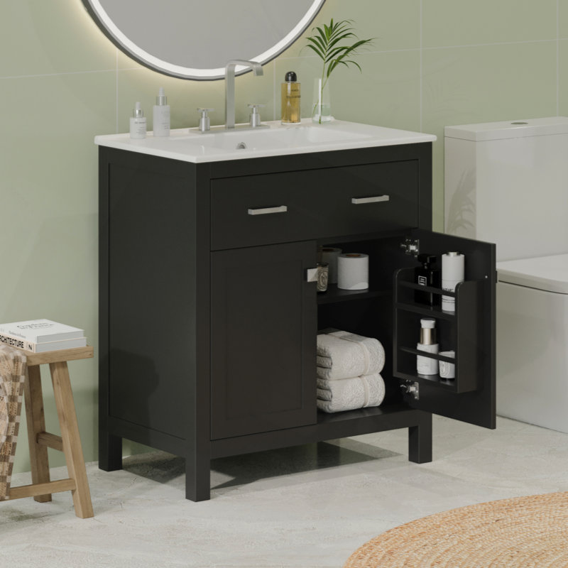 Meuble-lavabo de 30 po avec lavabo en céramique, armoire de salle de bain simple moderne avec 2 portes et une tablette, portes à fermeture douce