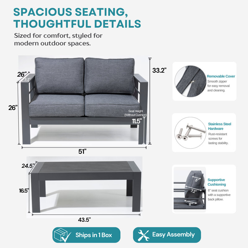 Causeuse de patio en aluminium avec table et coussins