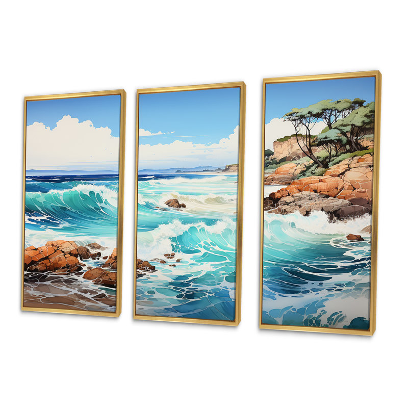 «Blue Beach Waves Fusion III», ensemble d'art mural sur toile de plage, Cadre flottant doré, H 40 po x l 60 po x P 1 po