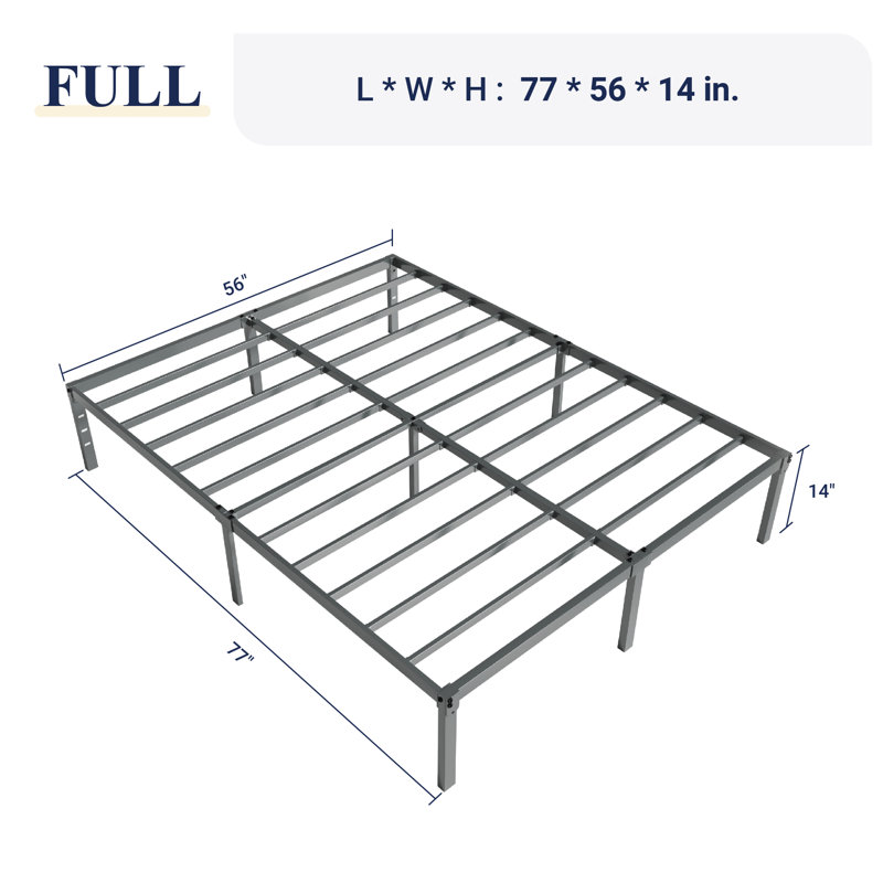 Base de lit plateforme en métal 14 po avec espace de rangement, Lit double, Gris, 14"