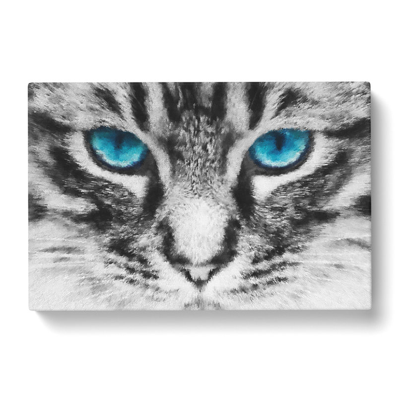 Bright Blue Cat Eyes Painting - Wrapped Canvas Graphic Art, 40cm H x 60cm W x 3cm D