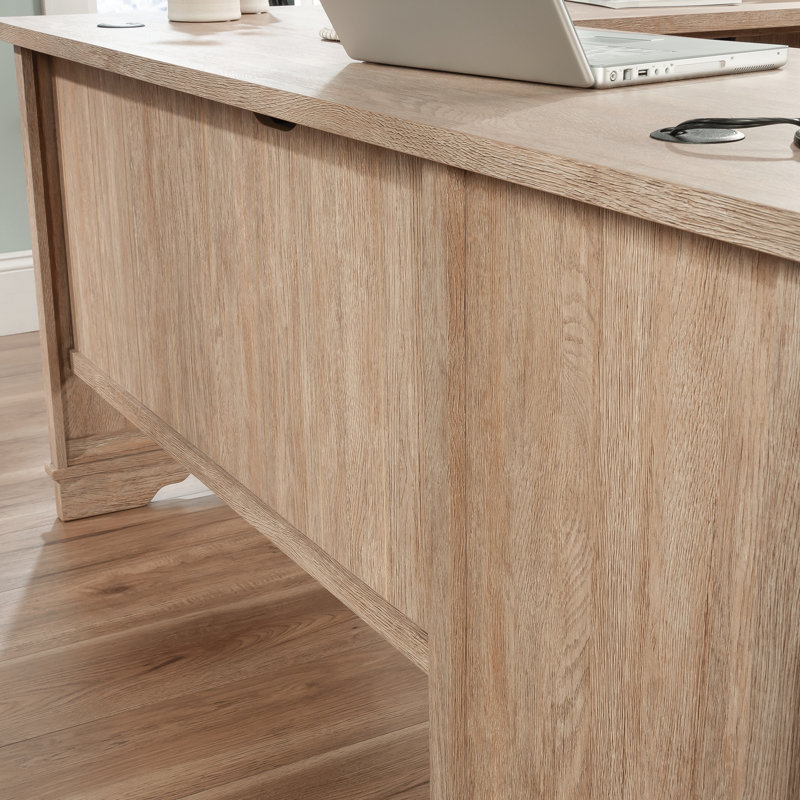 Brushed Oak L-Shaped Executive Desk with Drawers and Keyboard Tray
