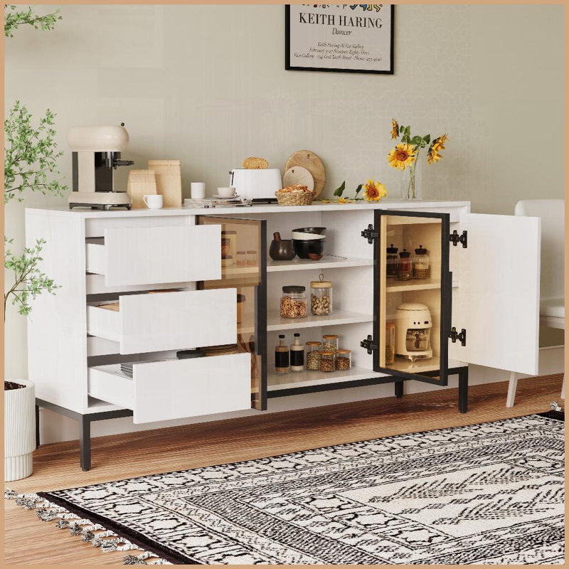 Table basse moderne blanche avec rangement pour le salon / salle à manger, panneau de particules facile à nettoyer, 3 tiroirs et amp; 2 armoires