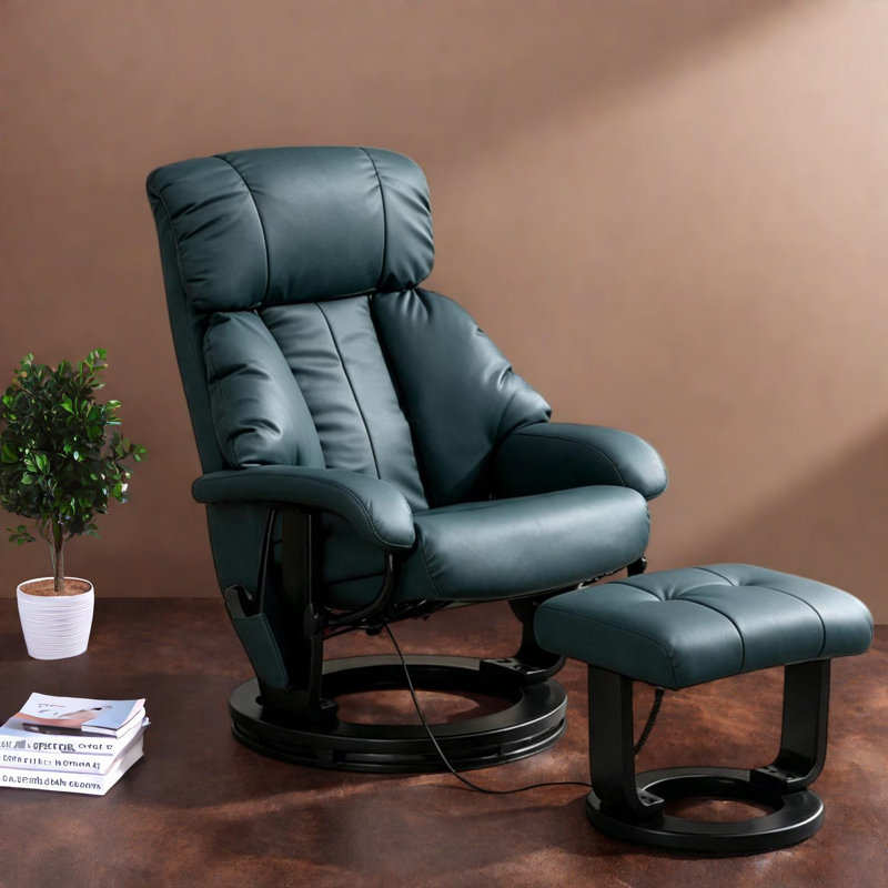 Fauteuils de massage inclinables avec repose-pieds, pivotants en bois et cuir PU bleu, pour un confort moderne à domicile.