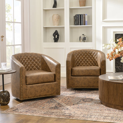Boney 29" W Water Resistant Faux Leather Swivel Barrel Chair (Set of 2)