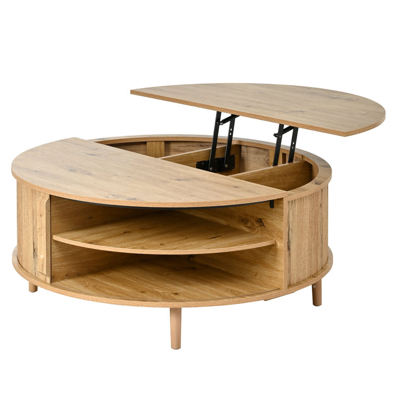 Table basse à plateau relevable rond de 39 pouces avec rangement caché, porte coulissante, pieds en pin massif et finition bois ondulé