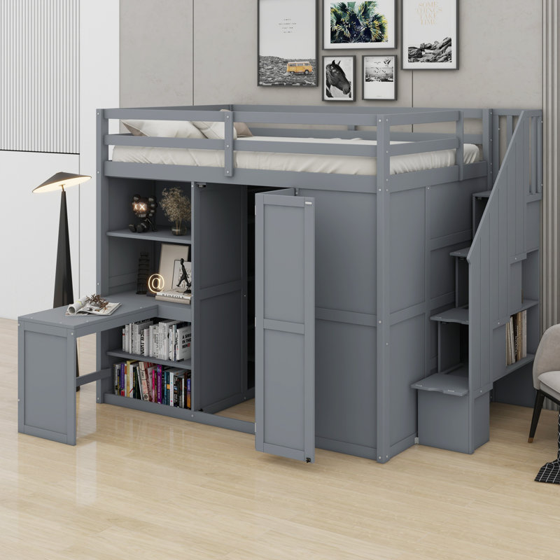 Lit mezzanine en bois avec garde-robe, escalier de rangement, bureau et tablettes, Gris