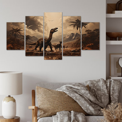 «Dinosaure rétro paysage de dinosaure II», ensemble d'art mural multi-panneaux