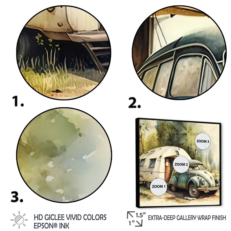 Décoration de camping rétro - peinture sur toile, H 24 po x l 24 po x P 1 po, Toile avec cadre flottant noir